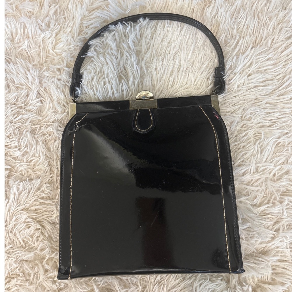 Vintage 1940's Black‎ Patent Leather Kiss Lock Frame Handbag Evening Bag